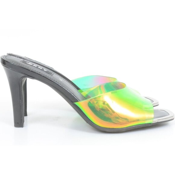 DKNY Women's 8 Iridescent Apple Green Open-Toe Slides Stiletto Heels Clubwear - Picture 2 of 7